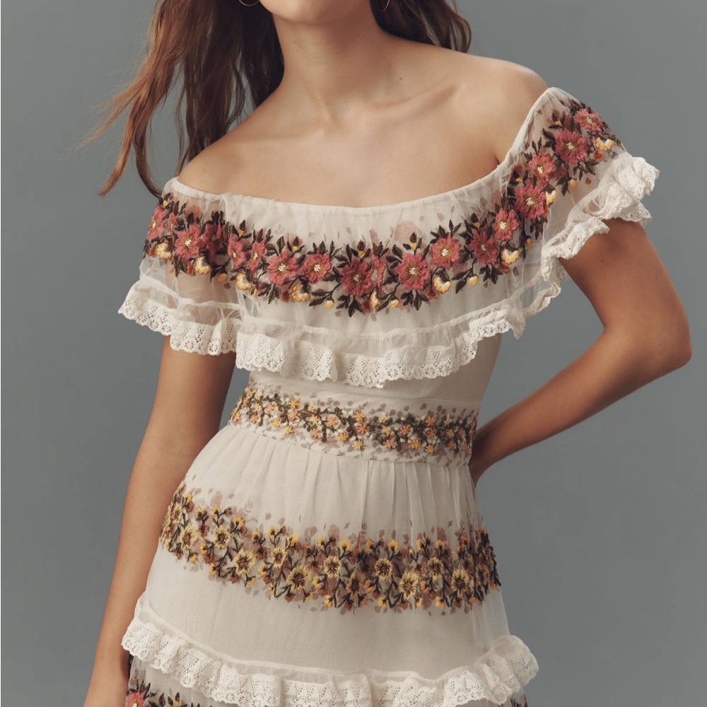 NWT By Anthropologie Ruffle Sleeve Embroidered Tulle Tiered Lace Maxi Dress 6 - Picture 3 of 9